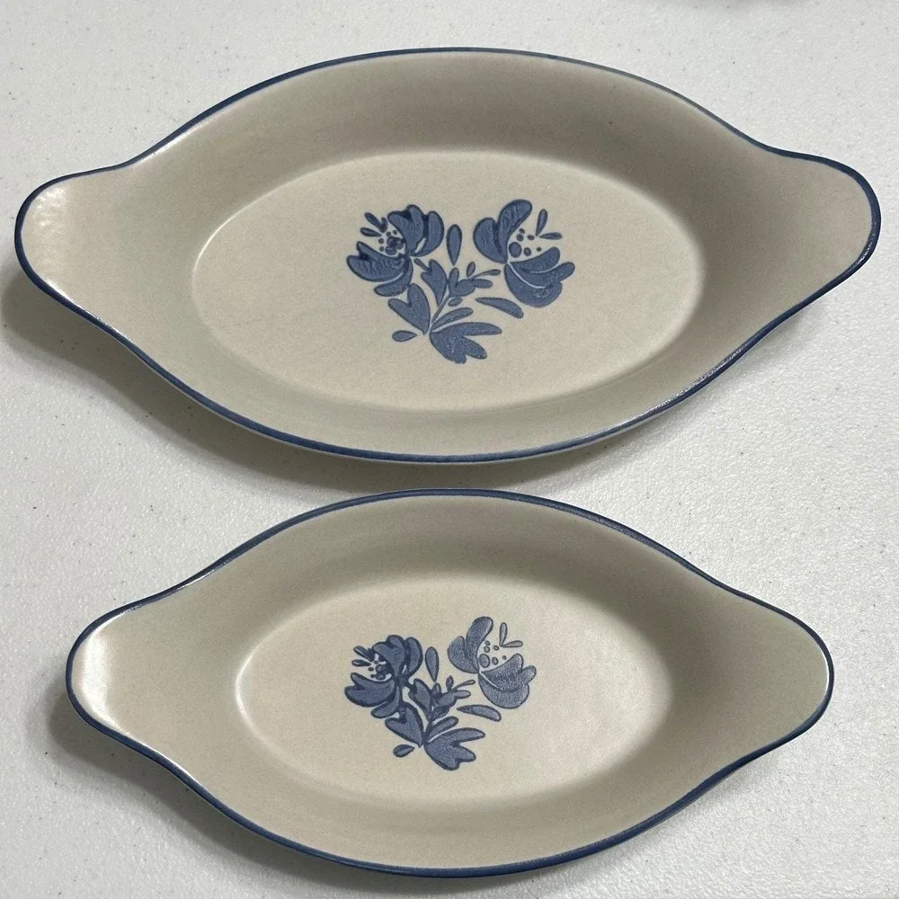 Pfaltzgraff Yorktowne VTG USA Au Gratin Baking Dishes Blue Floral Stoneware 2‎